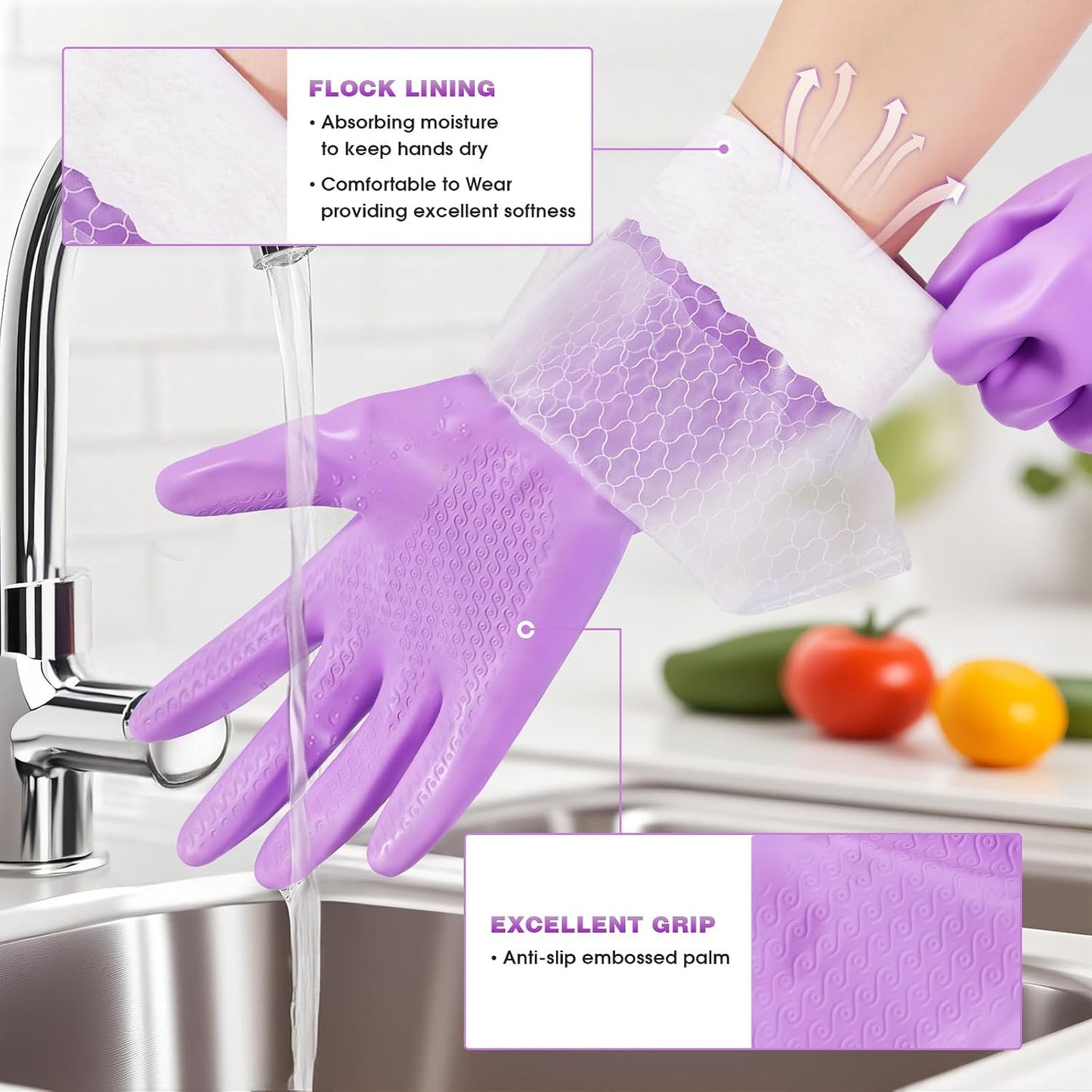 Elgood Reusable Long Sleeve Dishwashing Cleaning Gloves with Latex Free,Cotton Lining,Kitchen Gloves 2 Pairs,Purple+Blue M