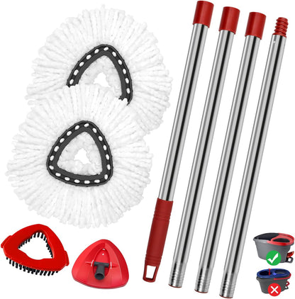 Mop Replace Heads Mop Handle and Base Replacement for O Cedar EasyWring 1-Tank Spin Mop System, 2 Microfiber Mops Refills, 4-Section Iron Mop Handle 30-58Inch and 1 Mopping Heads Cover Set (No Bucket)