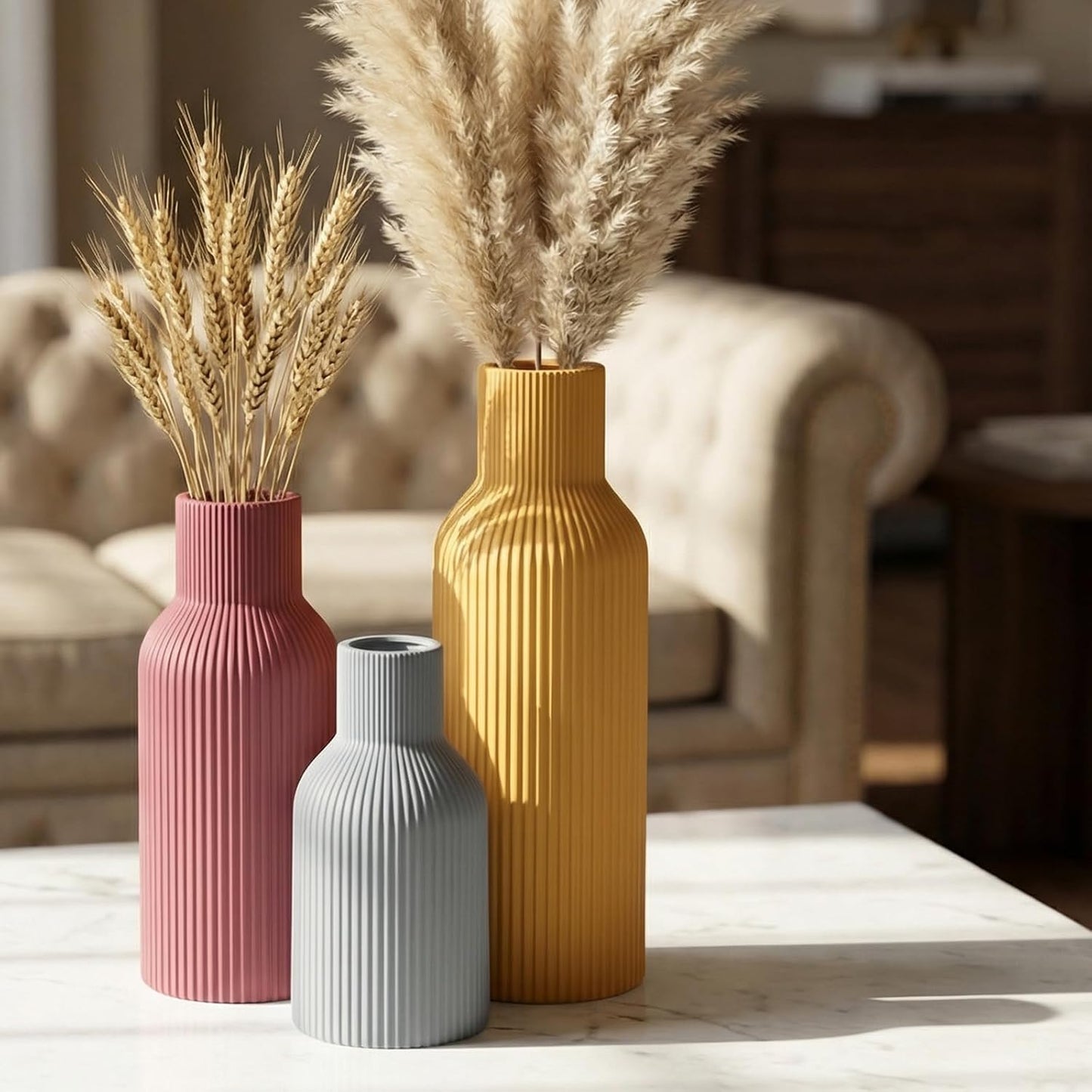 White Ceramic Flower Vases Set of 3, Modern Matte Vertical Ribbed, Nordic Minimalist Decor for Pampas, Dried & Fresh Flowers, Centerpiece for Living Room, Shelf, Entryway, Wedding,Office