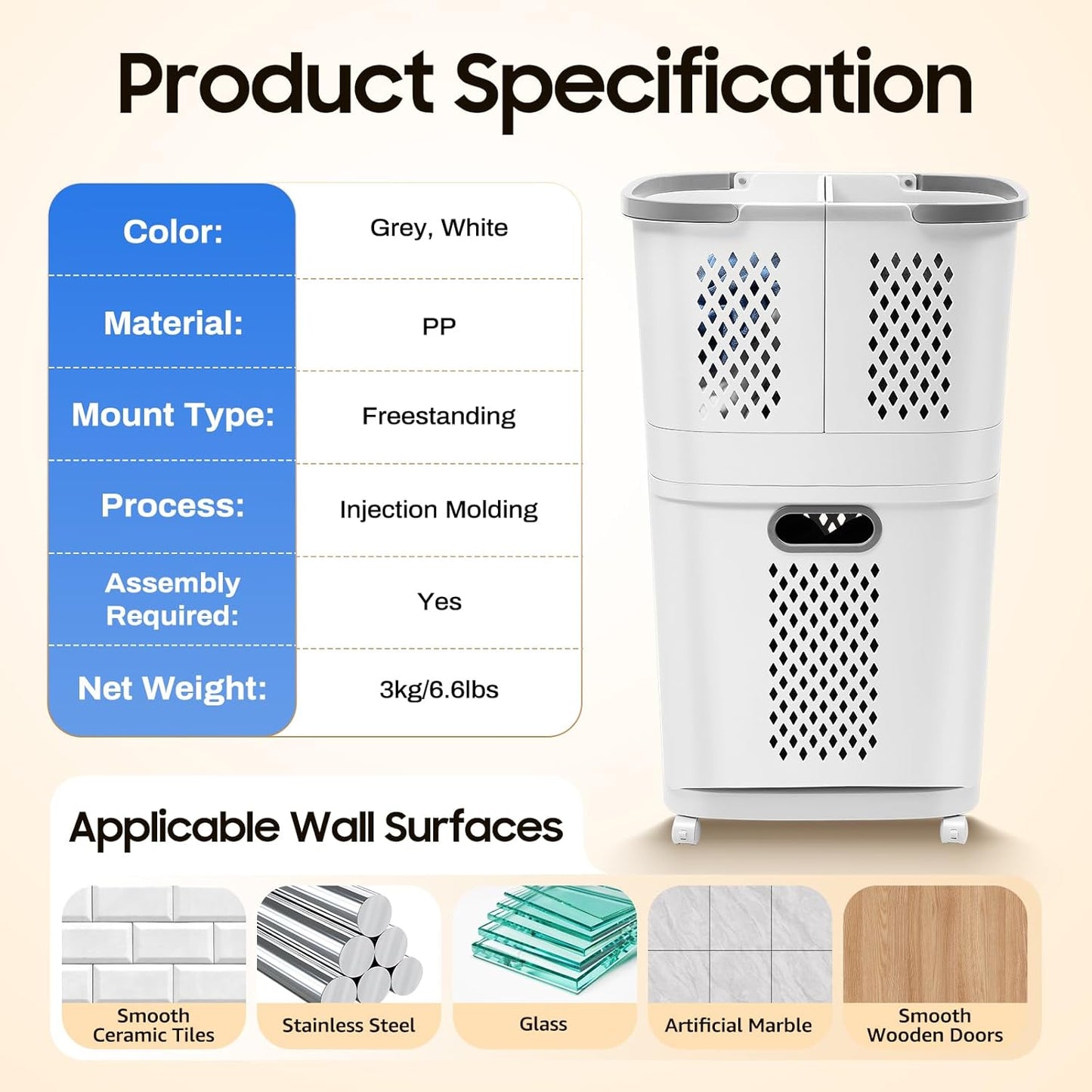 Removable Laundry Basket Organizer,3 Section Laundry Sorter with 4 Wheels,17.3×12.2×29.3in 2-Tier Divided Laundry Hamper with Wheels & Wall-Mountable Baskets,for Bedroom Laundry Room Bathroom