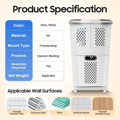 Removable Laundry Basket Organizer,3 Section Laundry Sorter with 4 Wheels,17.3×12.2×29.3in 2-Tier Divided Laundry Hamper with Wheels & Wall-Mountable Baskets,for Bedroom Laundry Room Bathroom
