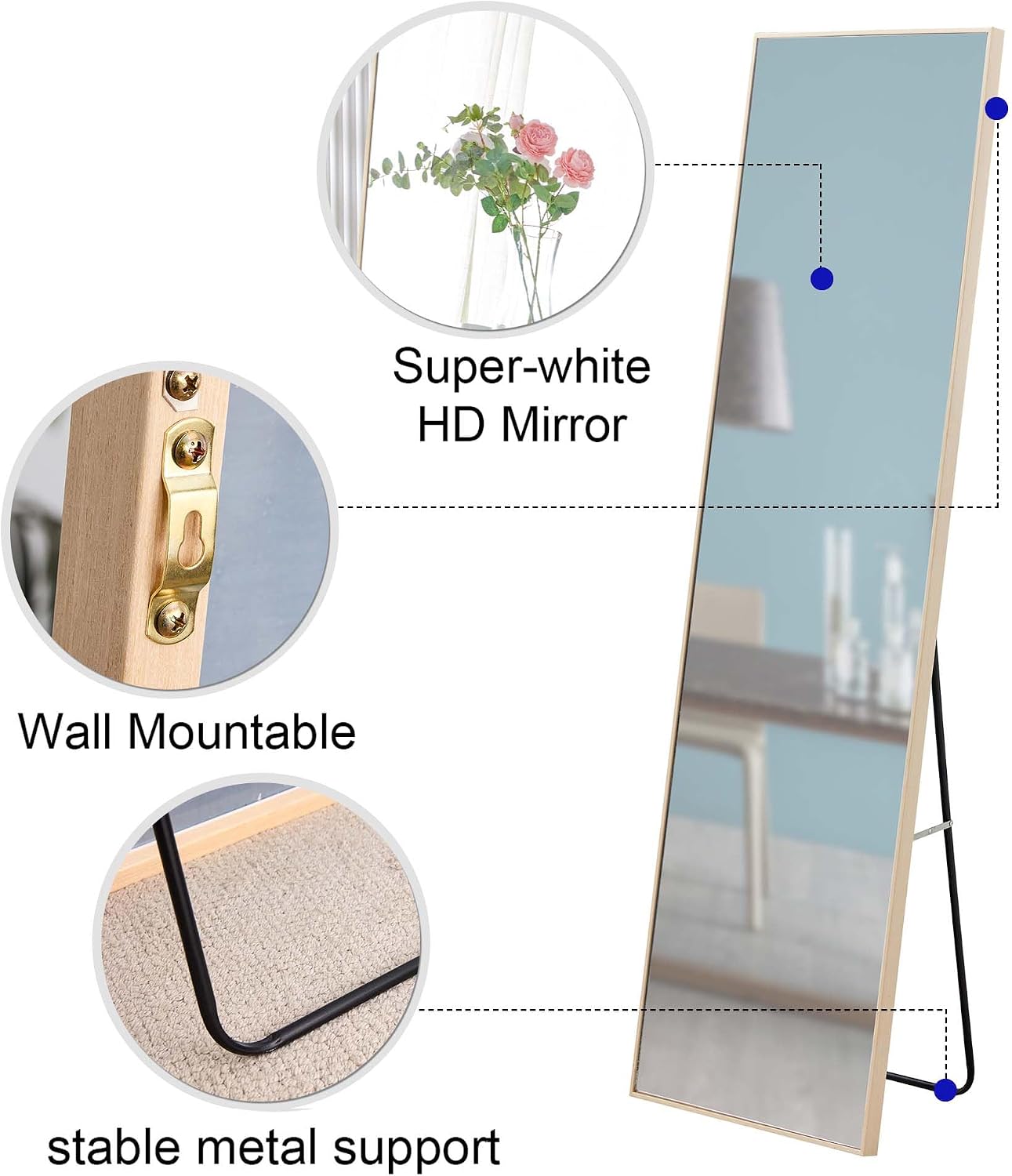 Wooden Full Length Mirror,Floor Mirror with Standing Holder Leaning/Hanging Mirror Wood Frame Large Wall-Mounted Mirror for Bedroom/Living Room,Light Oak (60x17.3)