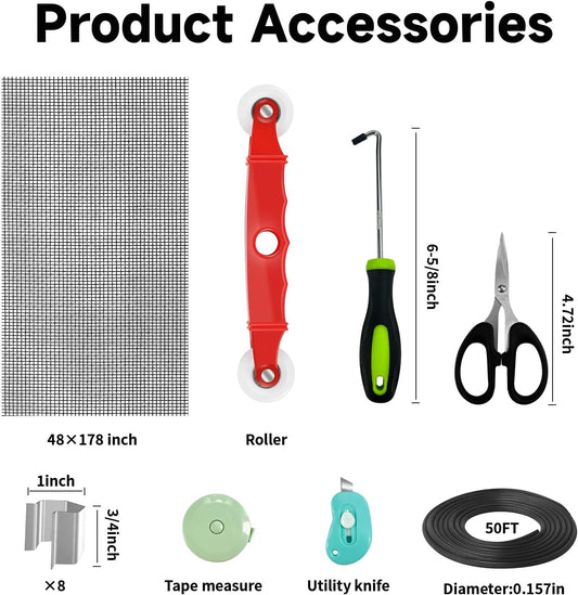 Window Screen Door Repair/Replacement Kit,48" x178" Adjustable Durable Fiberglass Window Screen Mesh,with Spline/Roller/Hook/Clips Screen Door Repair Kit,DIY Window,Porch Sliding Door(Black)