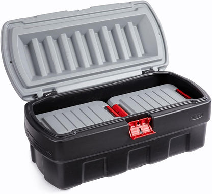 Rubbermaid ActionPacker 35 Gallon, Made in USA, Lockable Plastic Storage Bin with Lid and Wheels- Outdoor, Industrial, Rugged, Camping Gear and Truck Bed Storage - Gray and Black