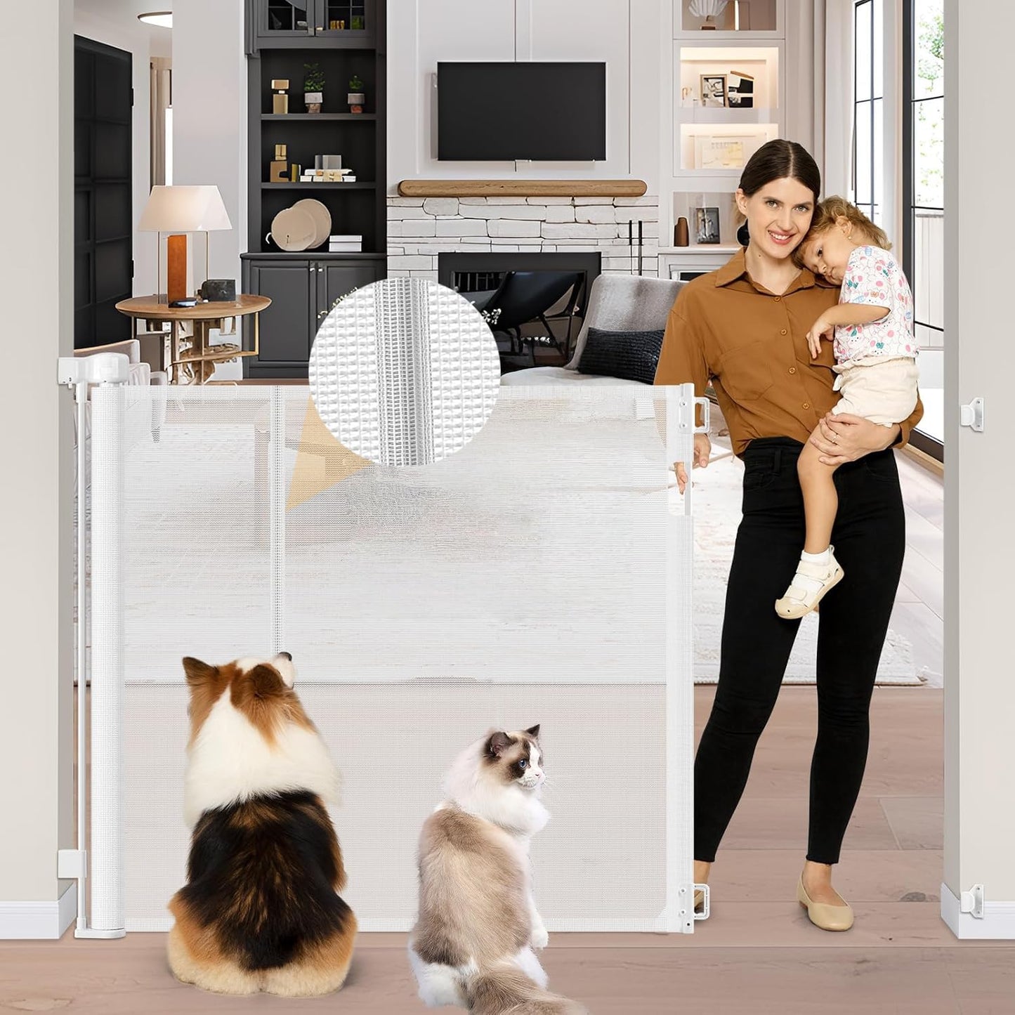 Newly Enhanced - 42" Tall × 120" Extra Wide Retractable Baby Gate Keeps Pets from Getting Under Tall Dog Gate, Indoor/Outdoor Baby Gates for Dogs, Retractable Dog Gate for Large Openings, White