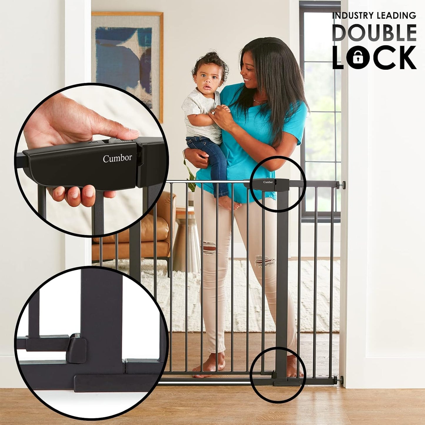 Cumbor 30-46" Baby Gate for Stairs, Mom's Choice Awards Winner-Auto Close Dog Gate for The House, Gifts for Mom, Easy Install Pressure Mounted Pet Gates for Doorways, Black