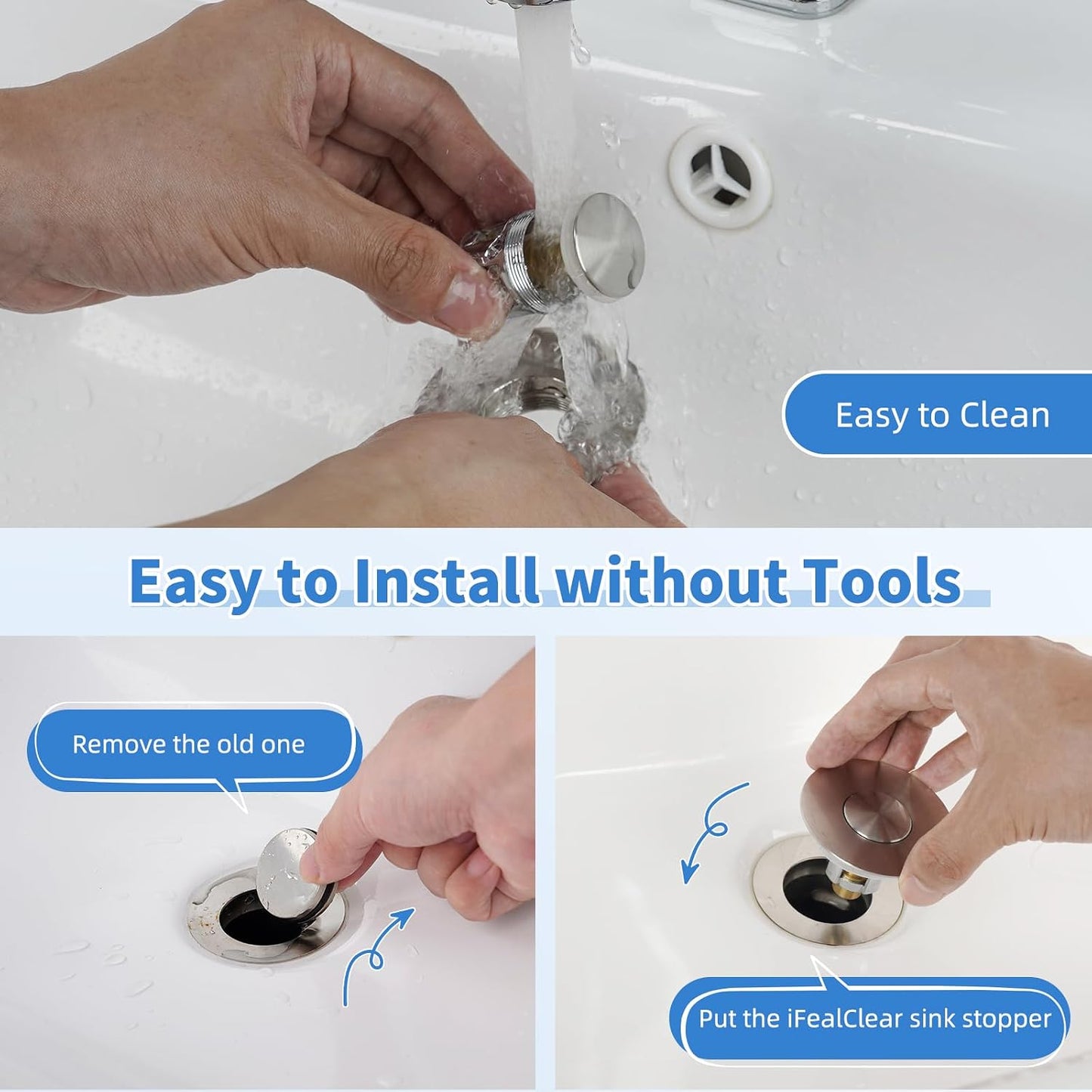 iFealClear Metal Universal Bathroom Sink Stopper, Upgraded Stainless Steel Sink Drain Strainer for 1.1''~2.36" Basin Pop Up Drain Strainer, Anti-Clogging Filter Basket, Brushed Nickel