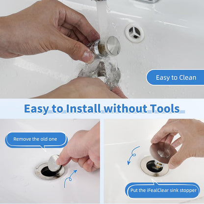 iFealClear Metal Universal Bathroom Sink Stopper, Upgraded Stainless Steel Sink Drain Strainer for 1.1''~2.36" Basin Pop Up Drain Strainer, Anti-Clogging Filter Basket, Brushed Nickel