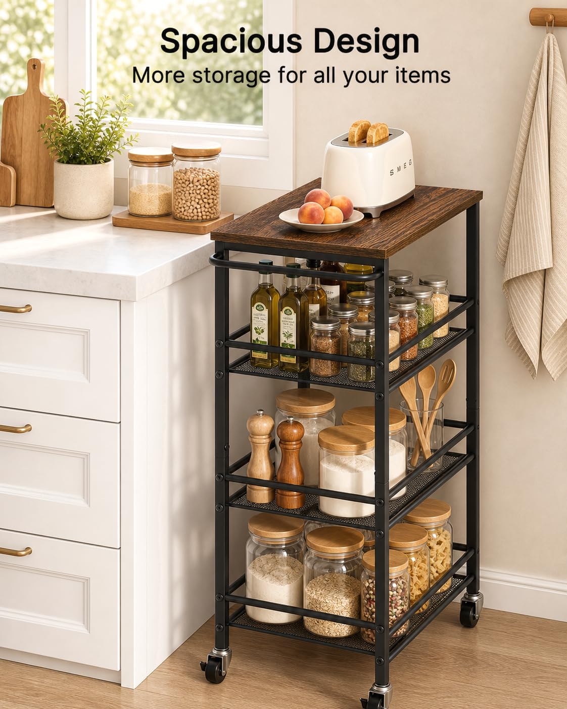 Pipishell Slim Storage Cart with Wheels - 4 Tier Rolling Kitchen Storage Cart with Handle and Wood Top, Metal Slim Bathroom Cart for Laundry Room, Bathroom, Kitchen, Narrow Space, Black & Rustic Brown