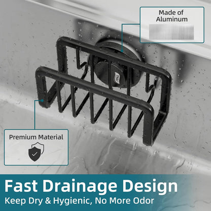 TAILI Sponge Holder with Strong Suction Cup, Dish Sponge Caddy Inside Sink Removable, Rustproof Aluminum for Sponges, Brushes, Stoppers and Scrapers - Black