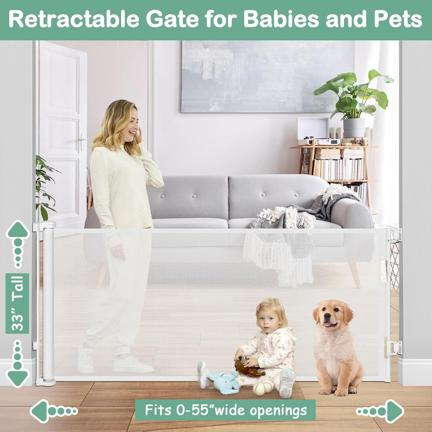 55 Inch Retractable Dog Gate Outdoor Scratch-Resistant Mesh Baby Gate for Stairs Retractable Baby Gates for Doorways Anti-Climb Outdoor Dog Gates for Decks Keep Kid/Pet away from Dangerous Place, Gray