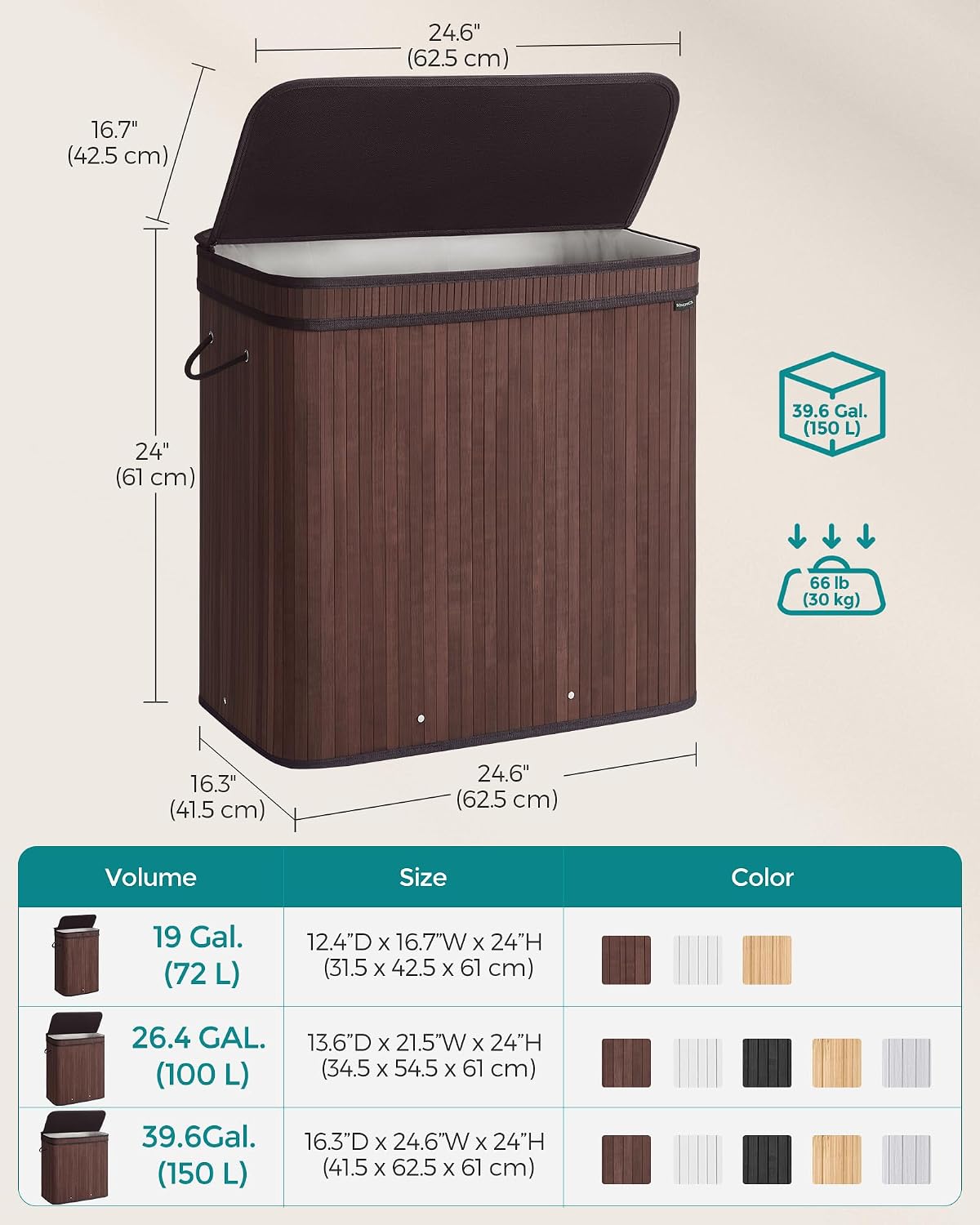 SONGMICS Laundry Hamper with Lid, Bamboo Launry Basket with Handles, Foldable Storage Basket for Laundry Room, Bedroom, 100L, Brown ULCB063K02