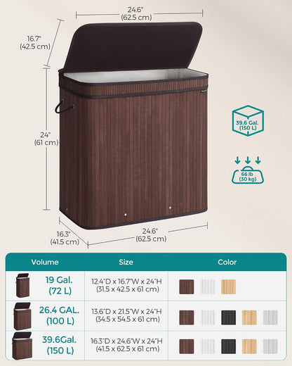 SONGMICS Laundry Hamper with Lid, Bamboo Launry Basket with Handles, Foldable Storage Basket for Laundry Room, Bedroom, 100L, Brown ULCB063K02
