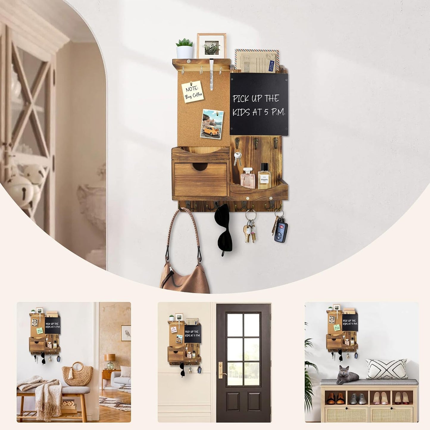 Key Holder for Wall Mount with Shelf and Mail Organizer, Key and Mail Holder with 16 Hooks, Farmhouse Entryway Organizer, Home Decor Rack (Pine Wood, Black)