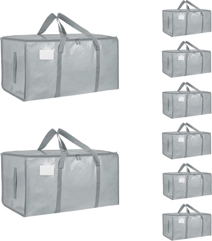 8 Pack-Extra Large Heavy Duty Moving Bags - Waterproof Storage Totes with Handles & Zippers, Foldable for College Dorm, Storage (Clear)