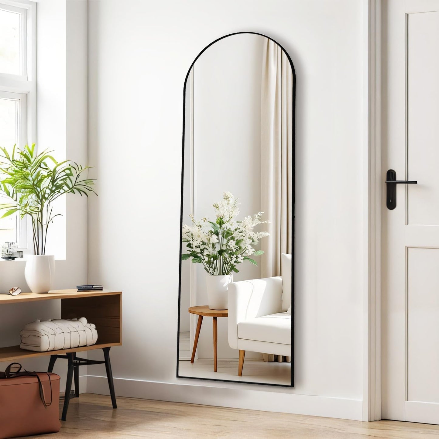 Arched Mirror Full Length, Upgraded 16"x59" Body Wall Mirrors with Shatter-Proof Glass, Floor Standing, Hanging or Leaning, Tall Arch Mirror with Stand Aluminum Alloy Frame for Bedroom, Black