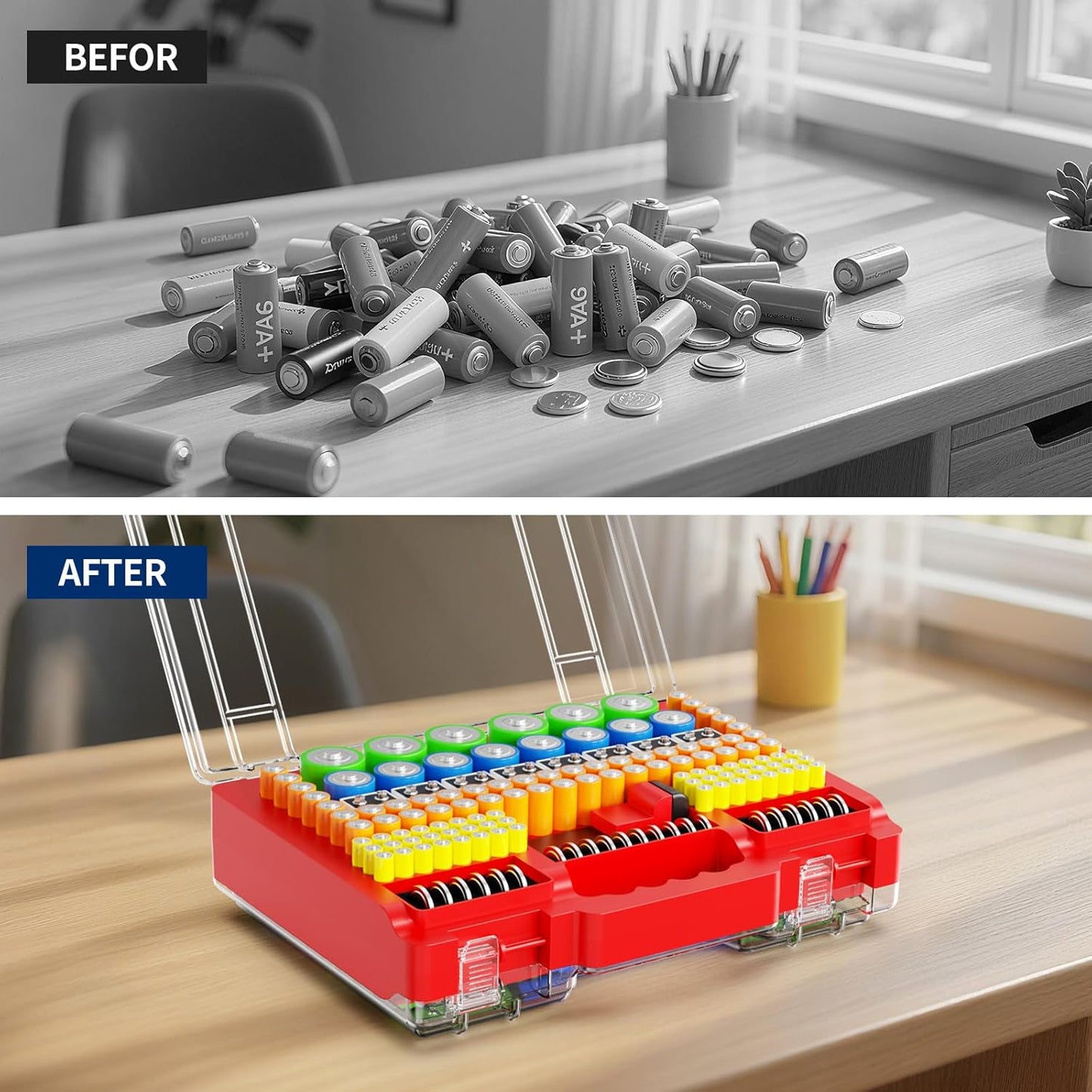 Molutsody Battery Organizer Box with Tester, Storage Case Holds 260 Batteries, Double Clear Locking Lid for AA AAA C D 9V - Red (Batteries Not Included)