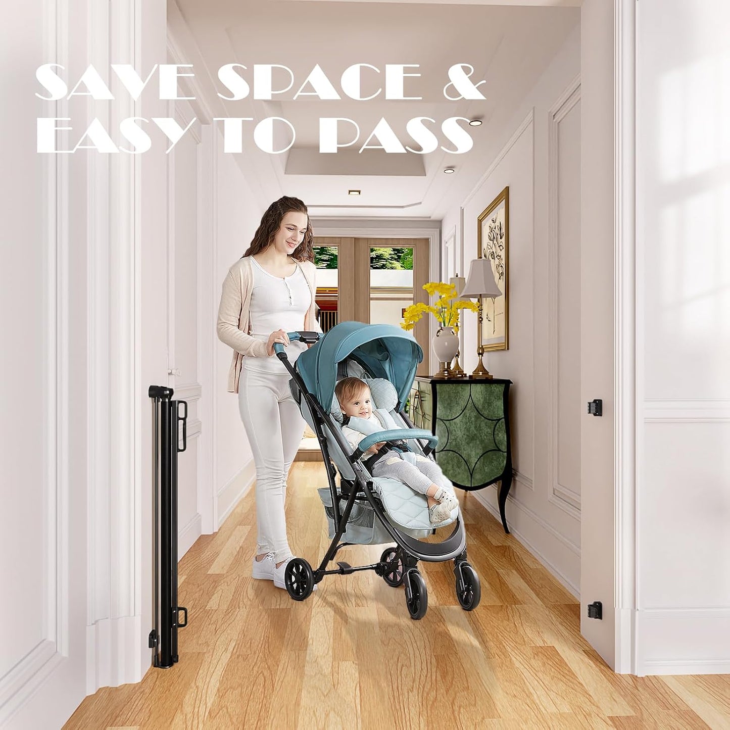 Babepai Retractable Baby Gates Extra Wide | 55" Wide x 34" Tall Dog Gates for Stairs | Indoor/Outdoor Use | Child Gates for Doorways, Deck, Porch, Hallways, Patio - Gray