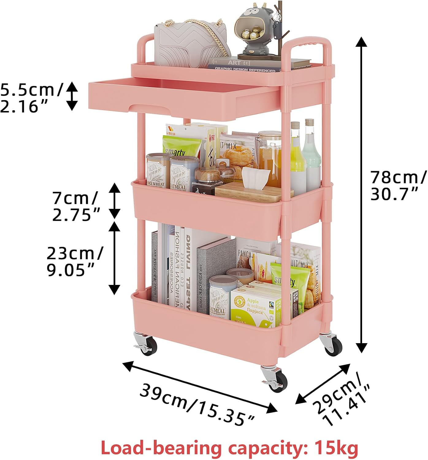 Calmootey 3-Tier Rolling Utility Cart with Drawer,Multifunctional Storage Organizer with Plastic Shelf & Metal Wheels,Storage Cart for Kitchen,Bathroom,Living Room,Office,White
