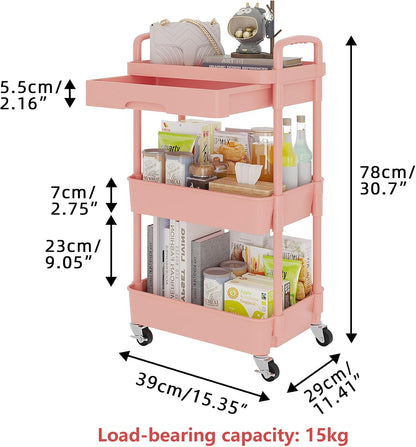Calmootey 3-Tier Rolling Utility Cart with Drawer,Multifunctional Storage Organizer with Plastic Shelf & Metal Wheels,Storage Cart for Kitchen,Bathroom,Living Room,Office,White