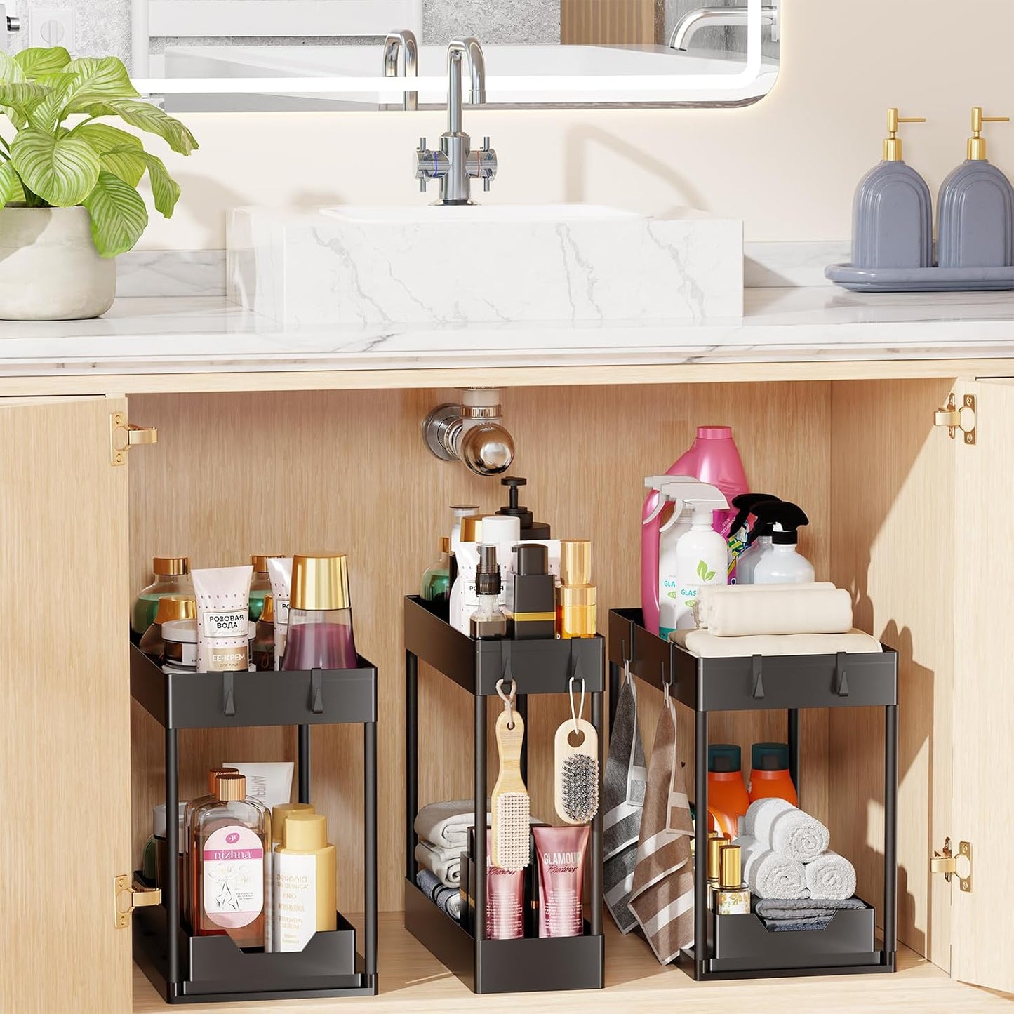 Simple Trending Under Sink Organizer 2 Pack, Sink Pull-Out Sliding Storage Cabinet, 2-Tier Under Shelf Organizer for Kitchen Bathroom, Black