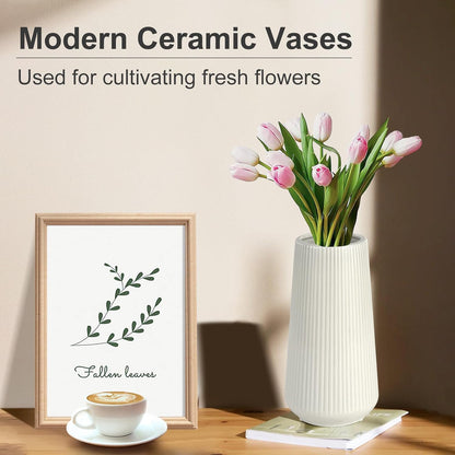 White Ceramic Vase, GUKJOB Small Cute Flower Vase for Pampas Grass, Home, Living Room, Dining Table, Farmhouse, Office Decor, Bedroom, Table, and Kitchen Shelf (White- 2PCS)