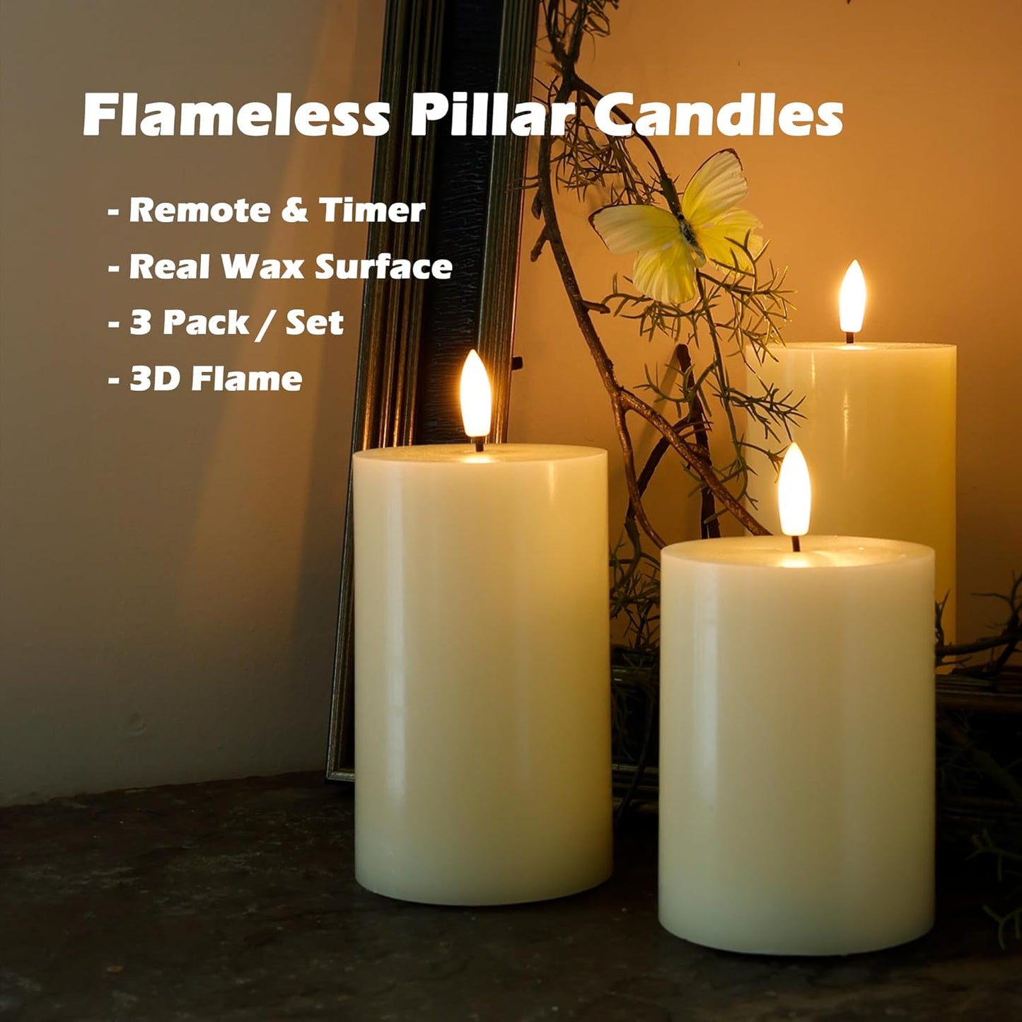 JOIONE Flameless Pillar Candles with Remote, 3 Pack Battery Operated Real Wax LED Candles, LED Candle that Perfect for Home Decorations Fireplace Table, White