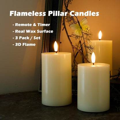 JOIONE Flameless Pillar Candles with Remote, 3 Pack Battery Operated Real Wax LED Candles, LED Candle that Perfect for Home Decorations Fireplace Table, White