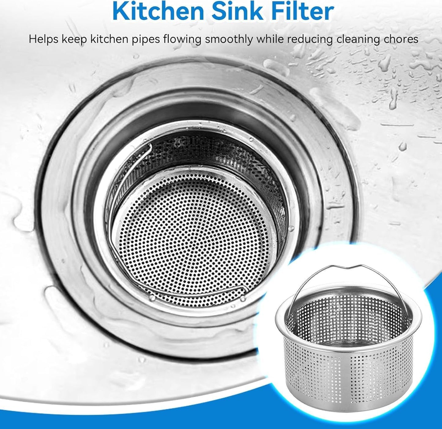Kitchen Sink Drain Basket, 3-inch Basket for Kitchen Sink Strainer Replacement, Deep Cup with Handle, SUS 304 Stainless Steel