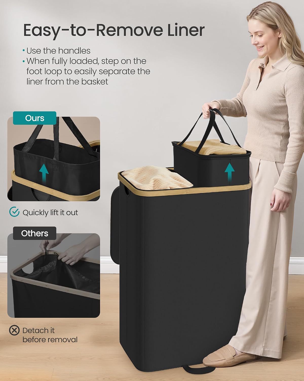 SONGMICS Laundry Hamper, Laundry Sorter with Lid, Storage Basket Bin, Removable Liners, Bamboo Frame, for Bedroom, 3 Sections, 44.9 Gal. (170 L), Ink Black ULCB533BH01