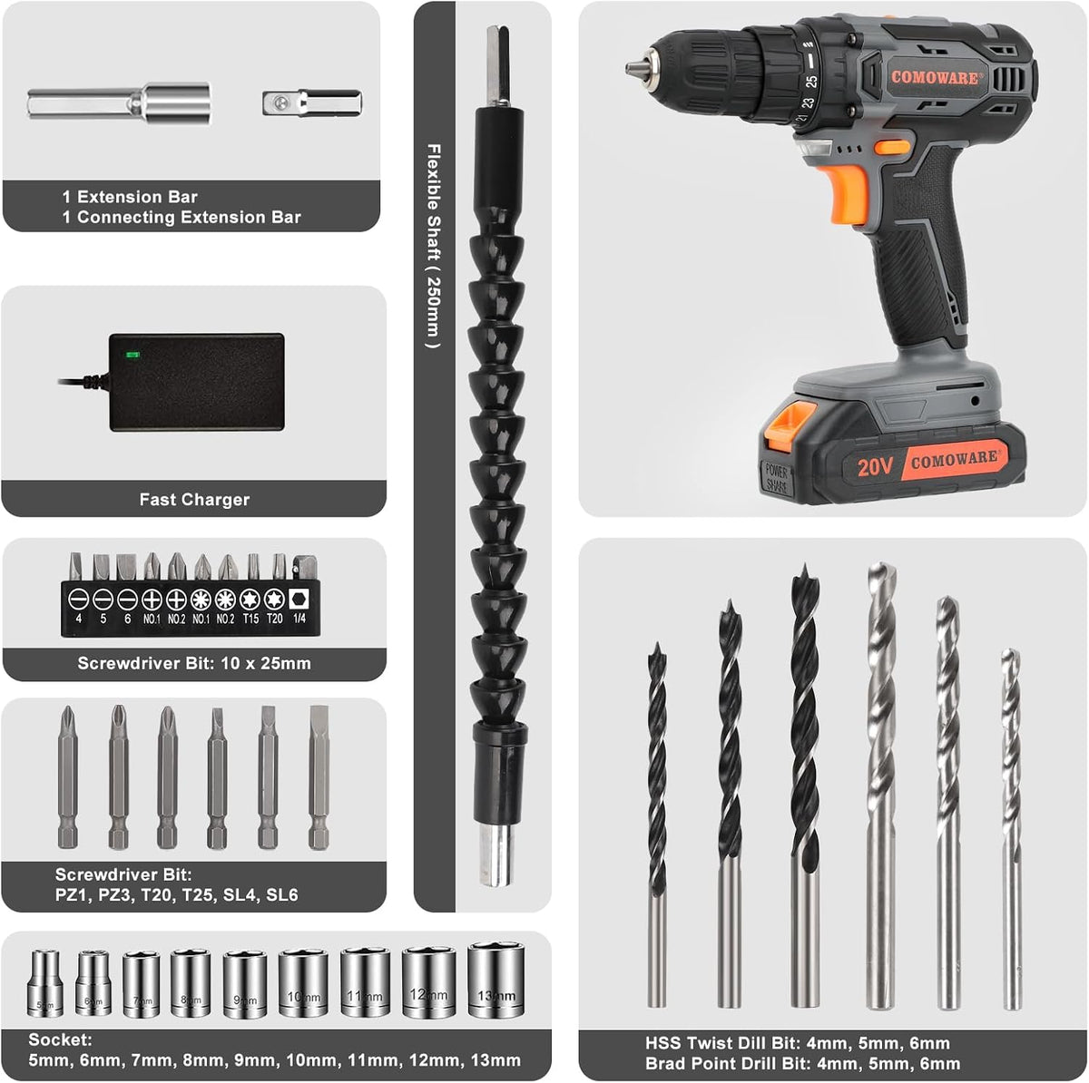 COMOWARE Household Tool Set with 20V Cordless Drill Driver, 120Pcs Hand Tool Kit for Men, Power Drill Set with Plastic Toolbox, Ideal for Office, Garden, DIY Project