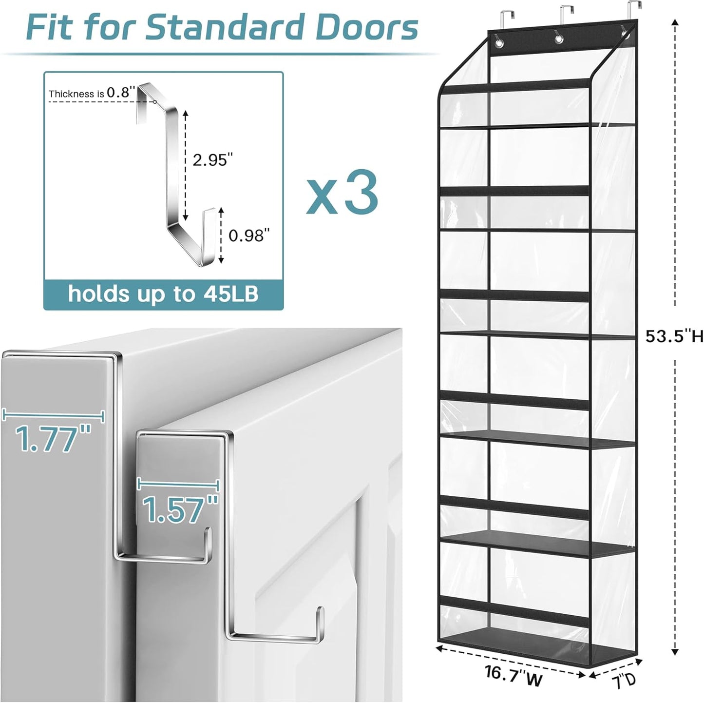 AOODA Clear Over the Door Hat Racks for Baseball Caps, Large Holds up to 72 Caps Hat Storage Organizer for Closet Wall, Deep Pockets Hanging Snapback Holder Shelves with 3 Hooks, White