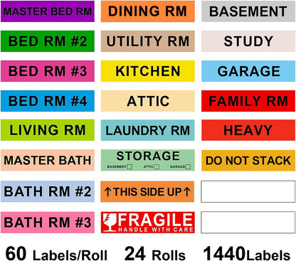 960 Count Home Moving Labels,16 Rolls Different Color Coding Moving Labels for Boxes Stickers + Fragile Moving Stickers + 1 Blank Label Roll for Customized Use
