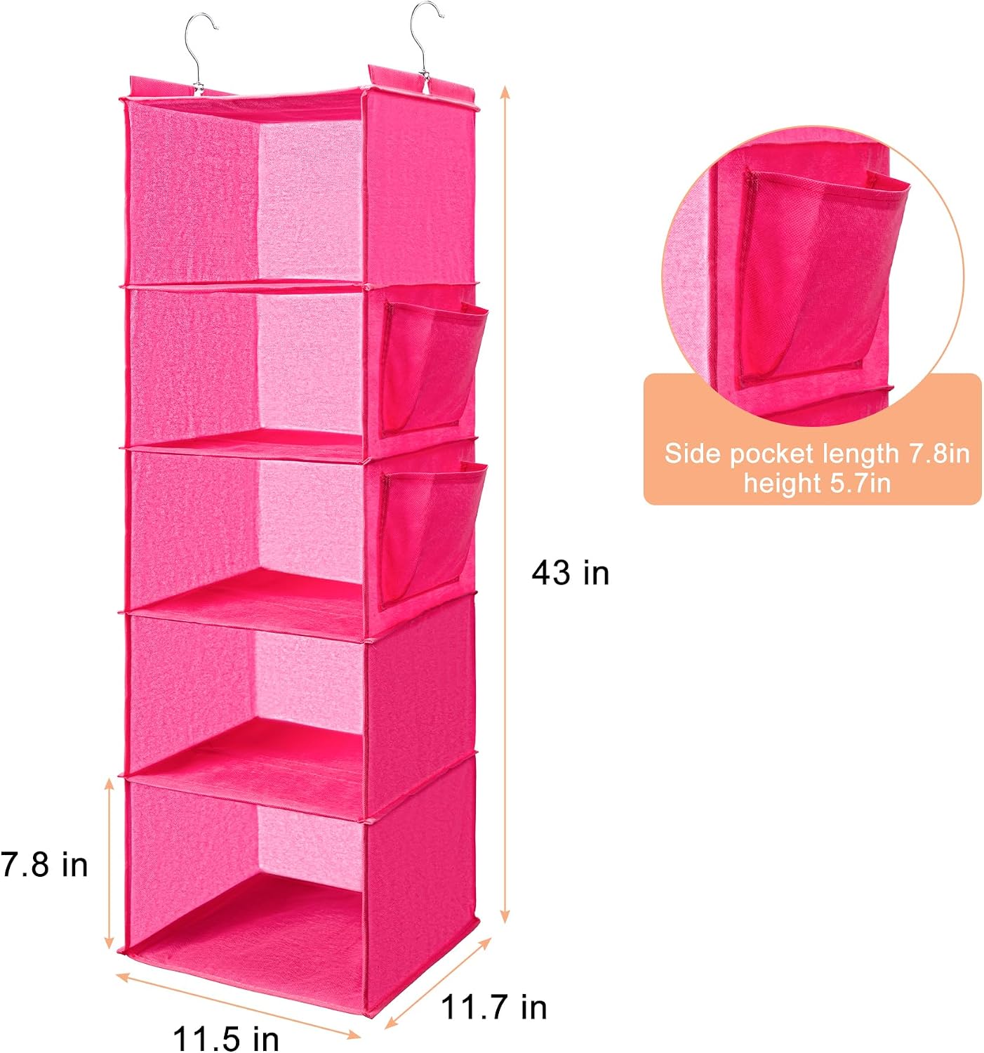 BOOMIBOO Hanging Closet Organize and Shelves，5-Hanging Shelf with 2 Side Pockets，Storage Foldable （Grey）