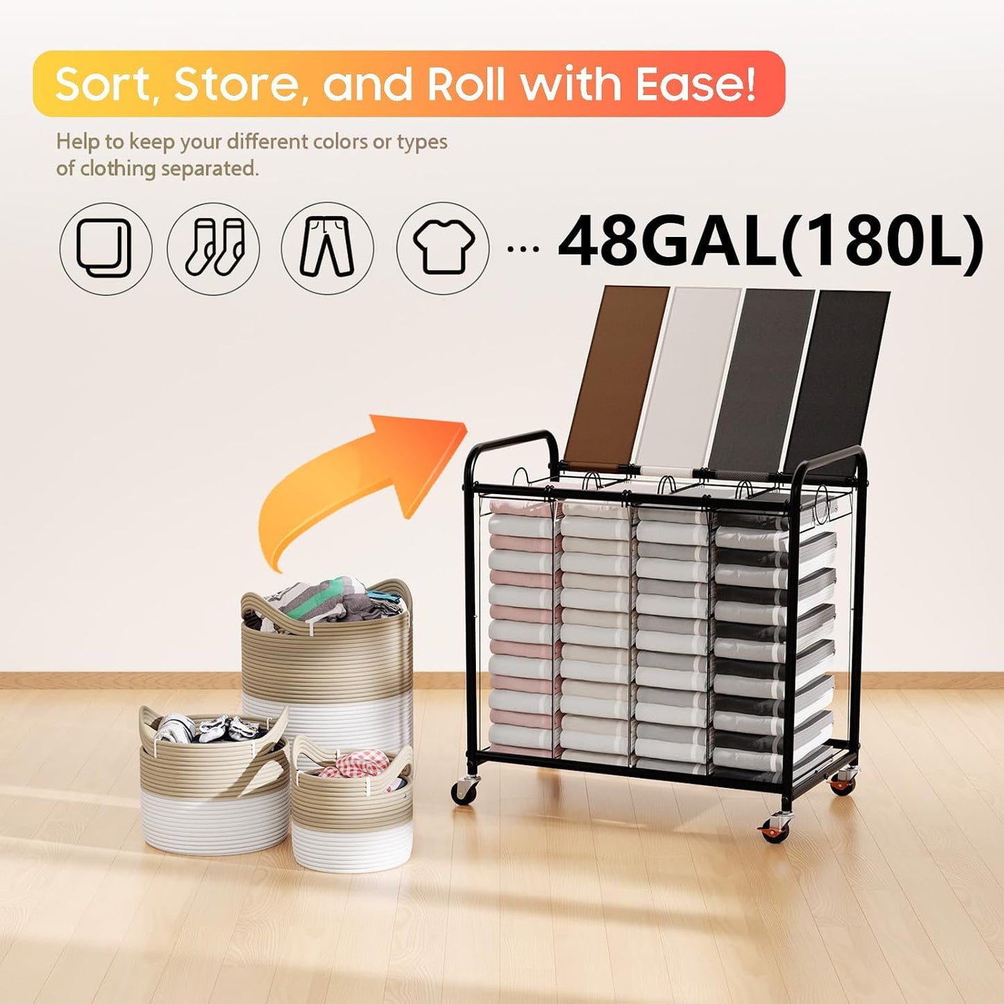 180L (47.55 Gal) Laundry Sorter 3 Section, Rolling Laundry Basket with Lockable Wheels and Lid, Laundry Hamper with 3 Separated Removable Bags Dirty Clothes Hamper for Laundry Room Organizer, Black