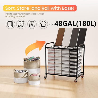 180L (47.55 Gal) Laundry Sorter 3 Section, Rolling Laundry Basket with Lockable Wheels and Lid, Laundry Hamper with 3 Separated Removable Bags Dirty Clothes Hamper for Laundry Room Organizer, Black