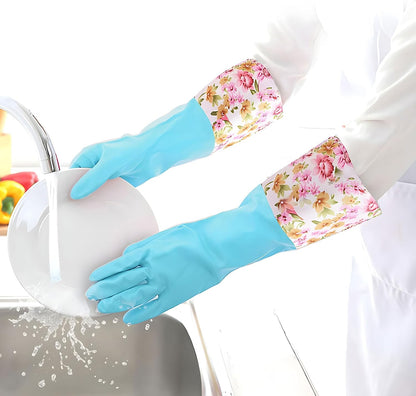 KINGFINGER 2 Pairs Latex-Free Reusable Dishwashing Gloves,PVC Waterproof Long Cuff and Flock Lining Household Cleaning Gloves,for Kitchen & Bathroom Cleaning, Large