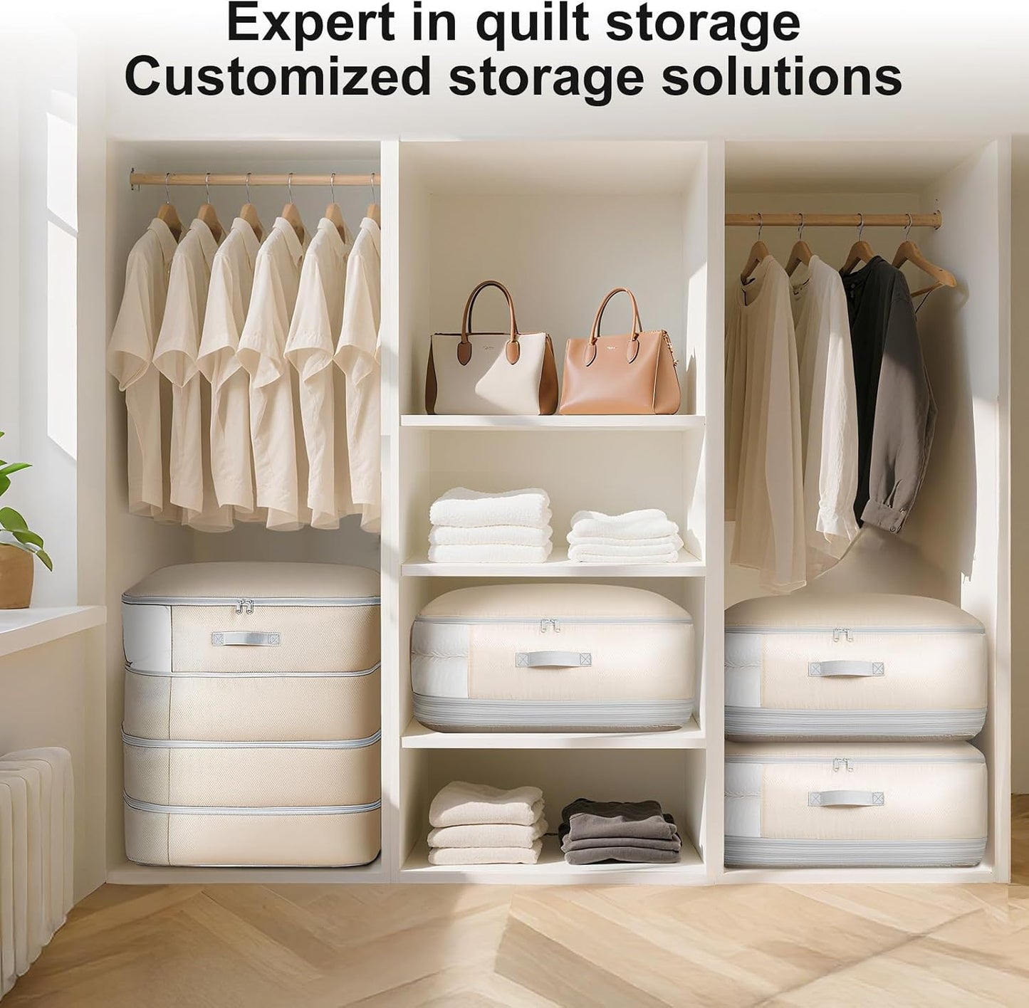 Comforter Storage Bag - Large Capacity Blanket Storage Bags 3-Layer Ultra Space Saving Self Compression Organizer, Washable Compression Bags for Storage Comforter Blanket, 2-Pack, Beige