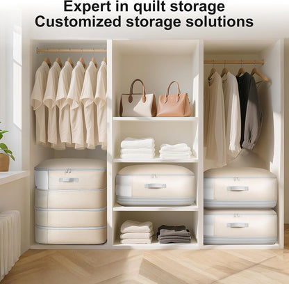 Comforter Storage Bag - Large Capacity Blanket Storage Bags 3-Layer Ultra Space Saving Self Compression Organizer, Washable Compression Bags for Storage Comforter Blanket, 2-Pack, Beige