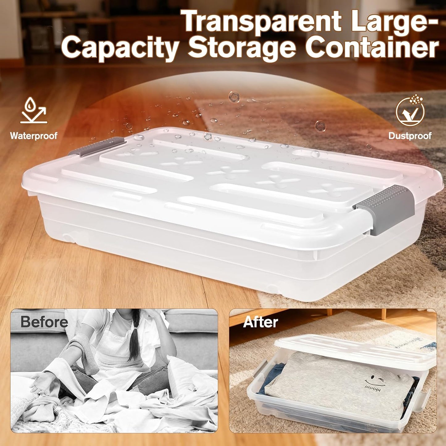 4 PCS*49 Qt Wheeled Latching Under Bed Storage, Double Opening Lids Stackable Bin with Latch Lid, Plastic Container to Organize Shoes Underbed, Clear with White Lid(White)