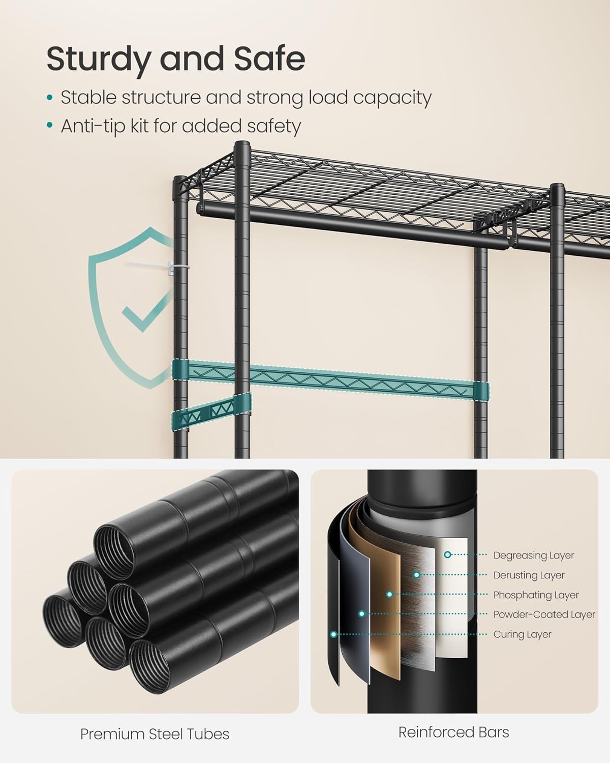 SONGMICS Heavy-Duty Clothes Rack, Garment Rack, Portable Closet, 68.7-Inch Wide Clothing Rack with Adjustable Mesh Shelves and Hanging Rails, Ink Black ULGR433B01