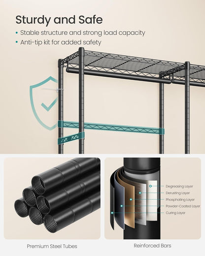 SONGMICS Heavy-Duty Clothes Rack, Garment Rack, Portable Closet, 68.7-Inch Wide Clothing Rack with Adjustable Mesh Shelves and Hanging Rails, Ink Black ULGR433B01