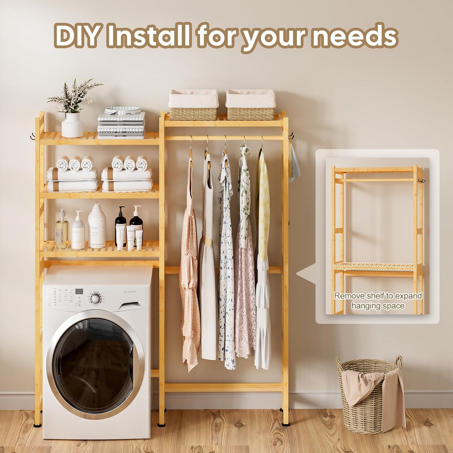 Cozivolife Over The Washer and Dryer Storage Shelf Bamboo,5 Tiers Laundry Room Drying Rack with Adjustable Shelves and 4 Hooks,Space Saver Organizer for Hanging Clothes and Towels (White)