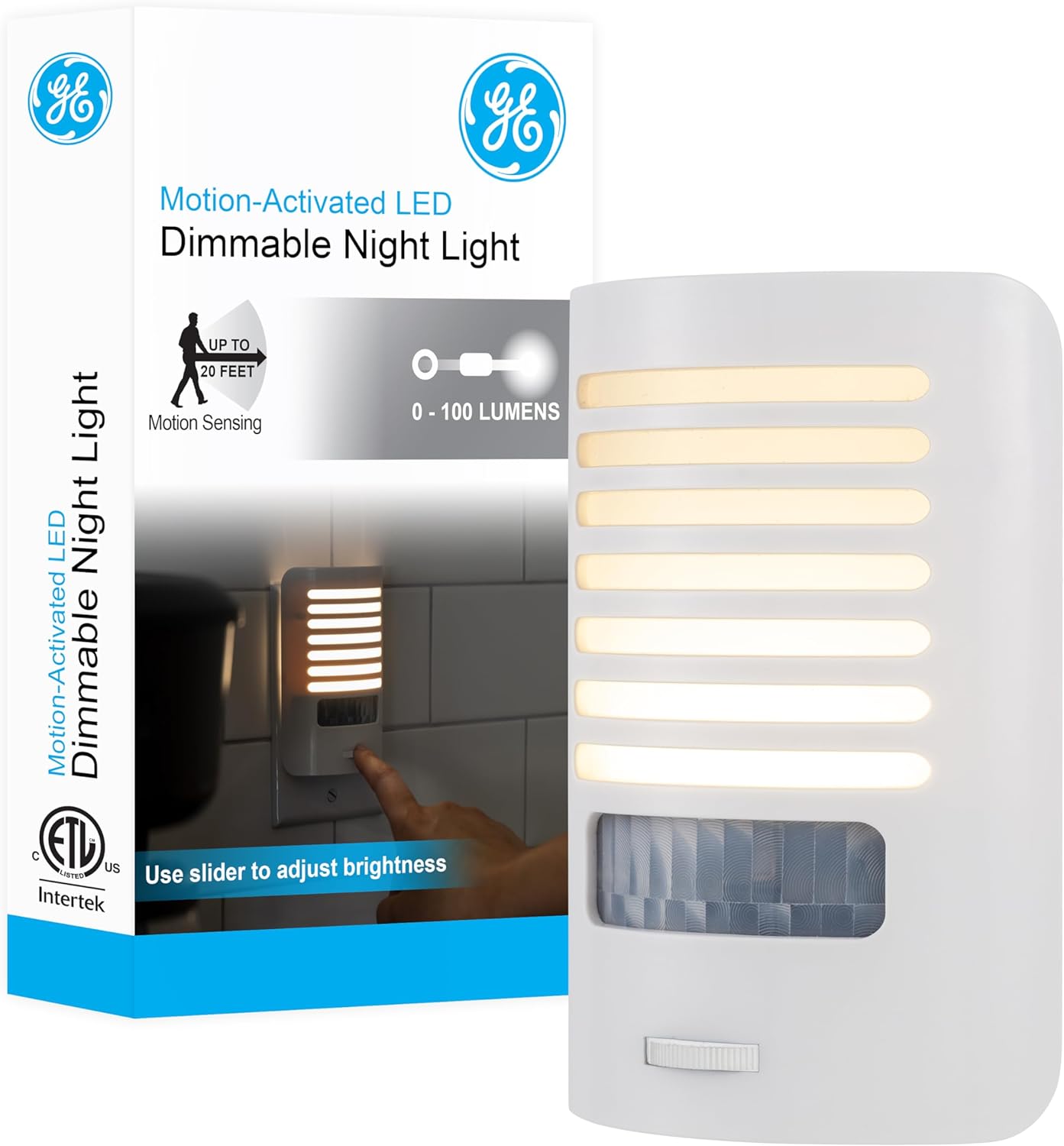 GE LED Night Light, Motion Sensing, Dimmable, Louver Shade, White, Plug-in, UL-Certified, Ideal Nightlight for Bedroom, Bathroom, Kitchen, Hallway and More, 67555