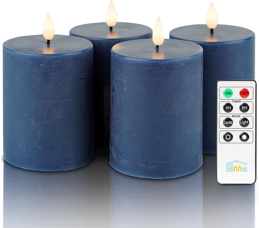 Fanna Flameless LED Pillar Candles with Timer for Wreath, Battery Operated Rustic Wax Candles with Remote for Christmas, 8 Batteries Included - Set of 4 (D 3" x H 4") - Ivory