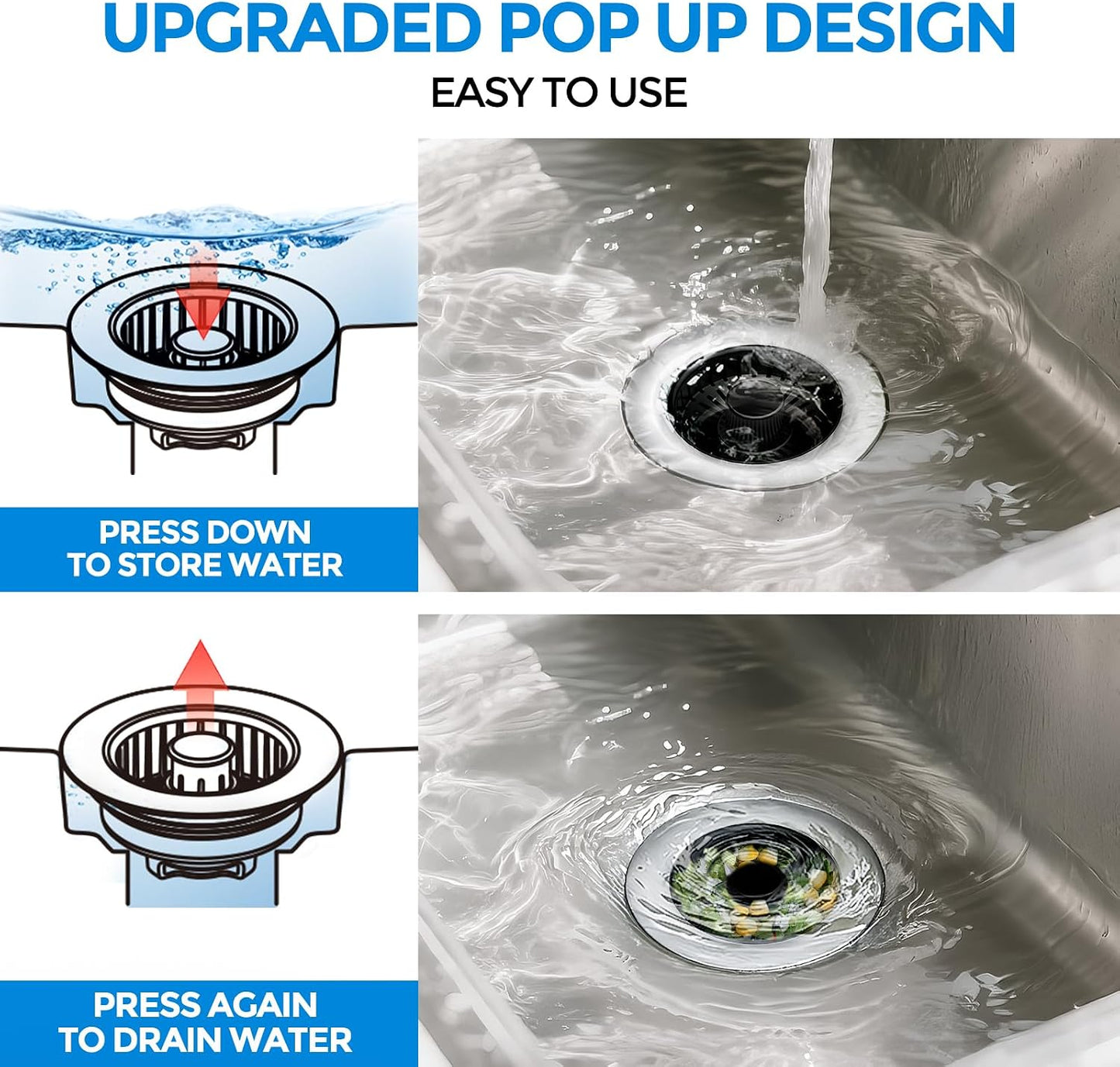 Sink Drain Strainer - Sink Stopper Kitchen Drain, 3 in 1 Kitchen Sink Drain Strainer with Anti-Clogging Basket, Kitchen Gadgets Clearance Sink Accessories, Fit US Standard 3-1/2'' Sink Hole, Silver