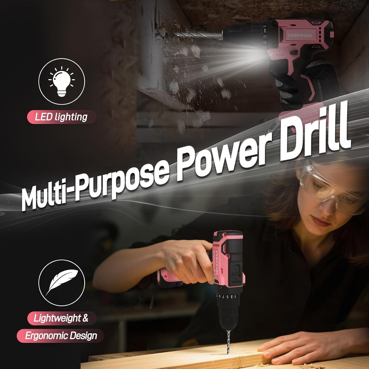 COMOWARE Household Tool Set with 20V Cordless Drill Driver, 120Pcs Hand Tool Kit for Men, Power Drill Set with Plastic Toolbox, Ideal for Office, Garden, DIY Project