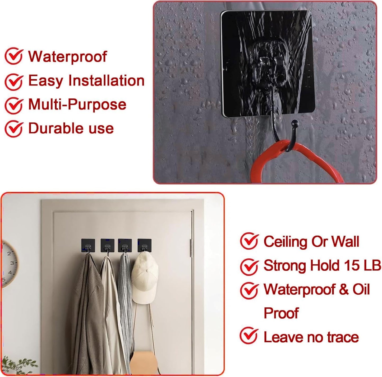 Large Adhesive Hooks, 20 Black Heavy-Duty 40 lb Adhesive Wall Hooks, Waterproof, Rustproof, Ideal for Hanging, Suitable for Bathroom, Kitchen, Home, Ceiling and Window