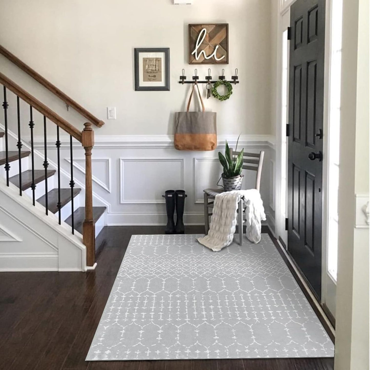 Lahome Moroccan Entry Rug 2x3, Non-Slip Washable Front Indoor Door Mat Rubber Backing Low-Profile Door Rugs, Small Geometric Print Distressed for Entryway Bathroom Kitchen, Black Hana