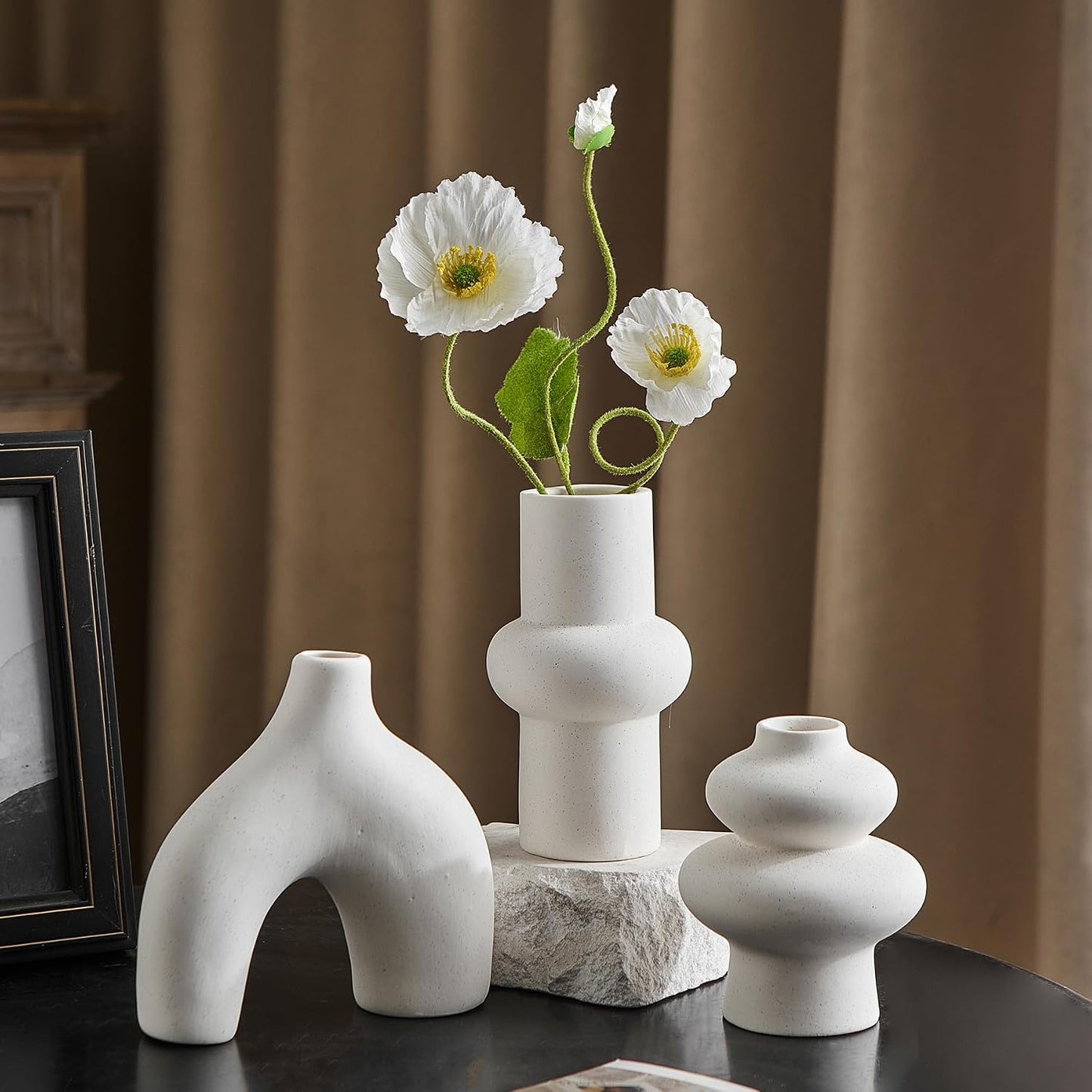 White Ceramic Vase Set of 3, Small Flower Vases for Pampas Grass, Modern Boho Vase for Decor, Round White Vases Centerpieces for Wedding Living Room Bedroom Coffee Table Dinner Table